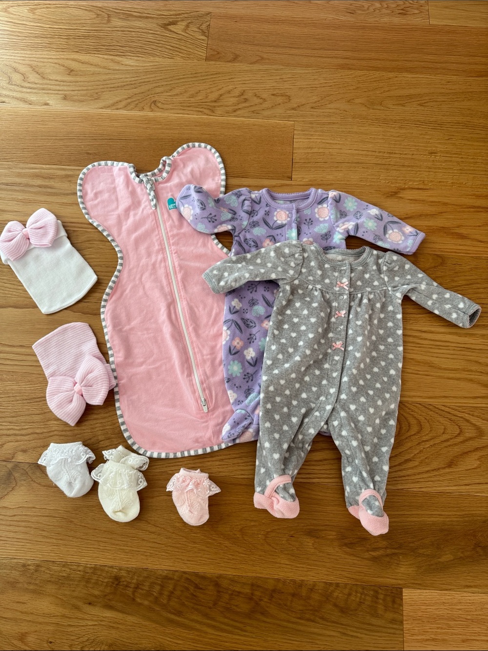 Cozy Pink Swaddle & Purple and Gray Footed One-Pieces Set, Newborn